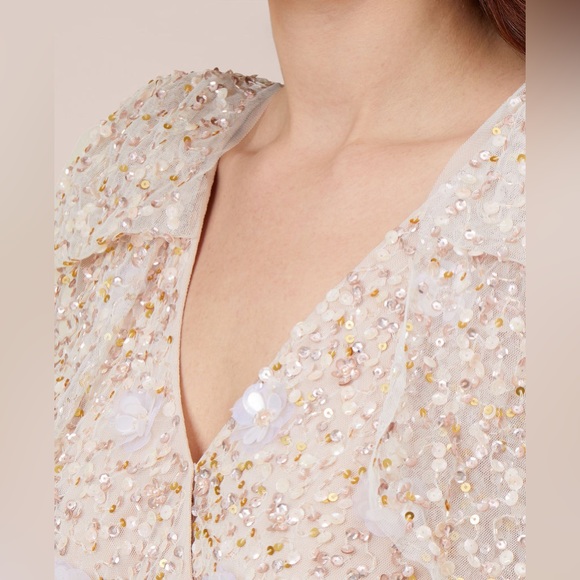 HAND BEADED BLOUSON SHORT SHEATH COCKTAIL DRESS WITH BOW SLEEVES - Picture 4 of 8